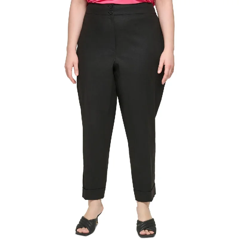 Plus Womens Cuffed Straight Leg Ankle Pants Comfy High-Waist Jeans