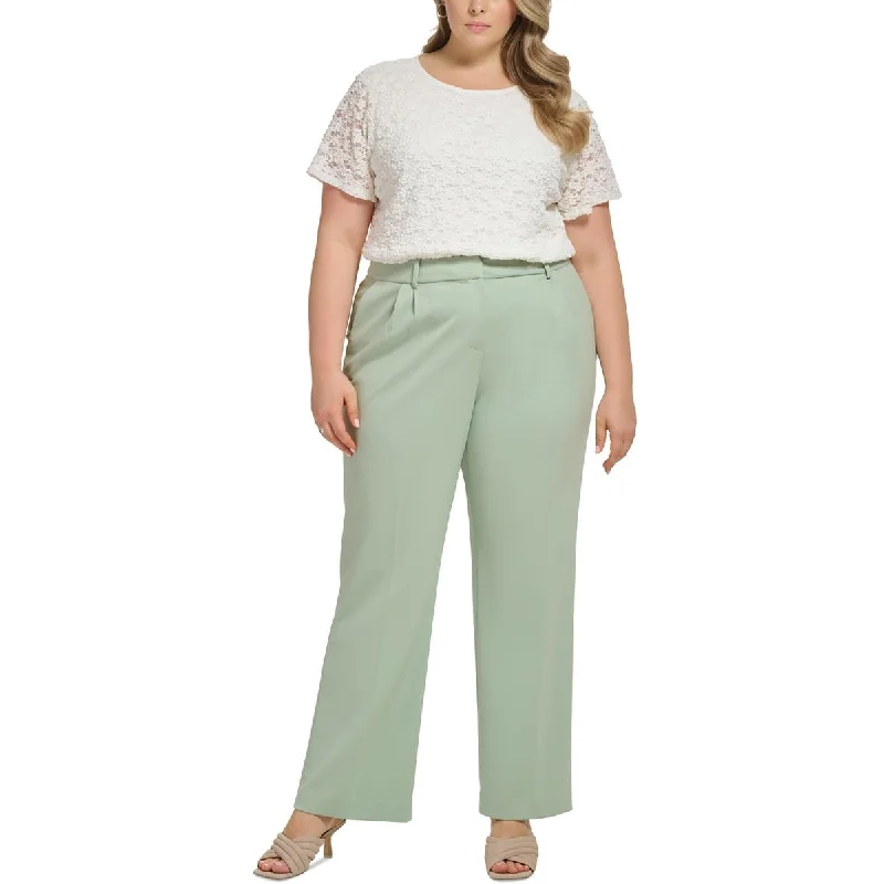 Plus Womens High Rise Pleated Wide Leg Pants Comfortable Denim Trousers