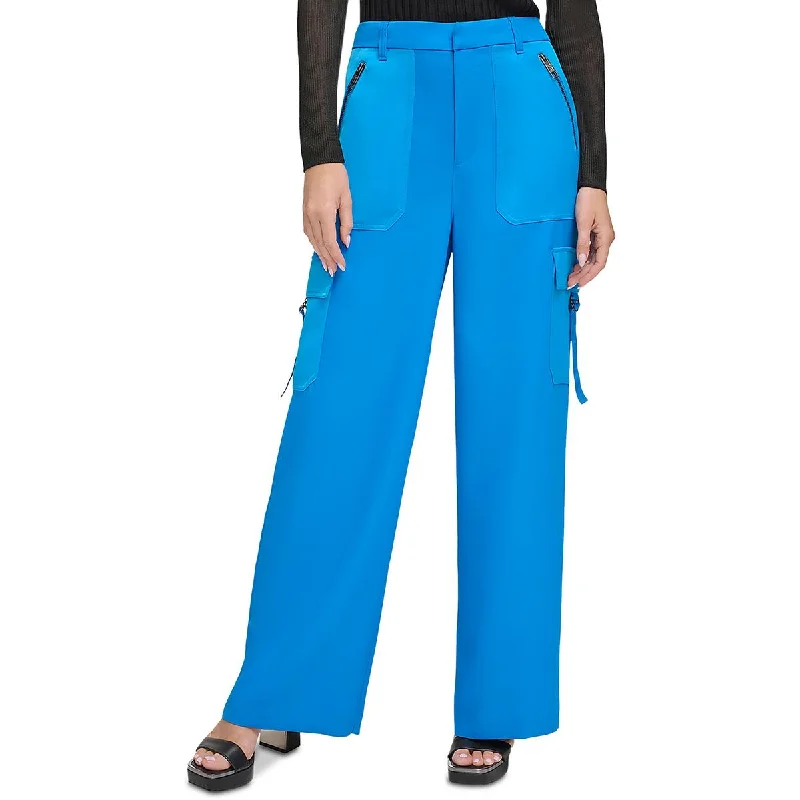 Womens Satin Trim High Rise Cargo Pants Relaxed Fit Trousers