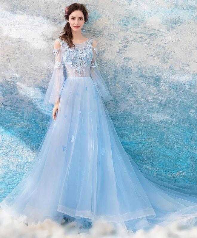 Blue Round Neck Tulle Lace Long Prom Dress, Blue Long Evening Dress