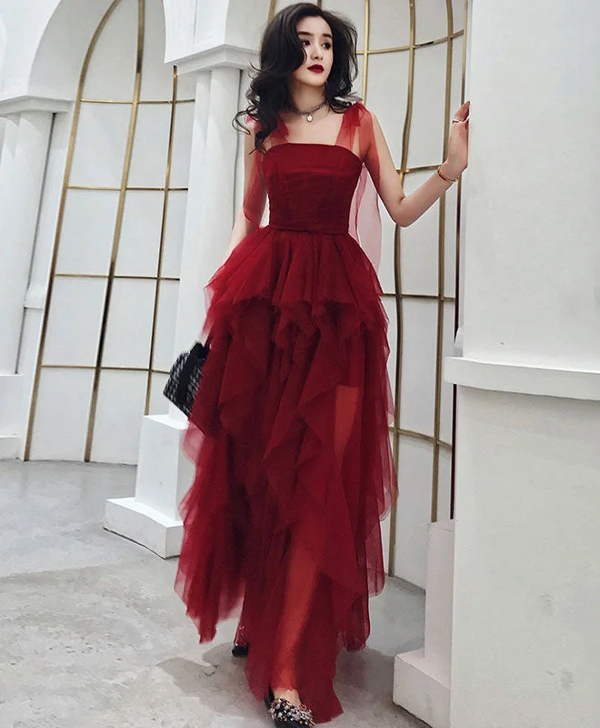Burgundy Sweetheart Tulle Long Prom Dress, Burgundy Evening Dress