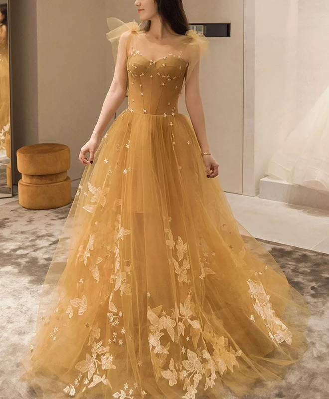 Champagne Tulle Lace Long Prom Dress, Tulle Lace Evening Dress