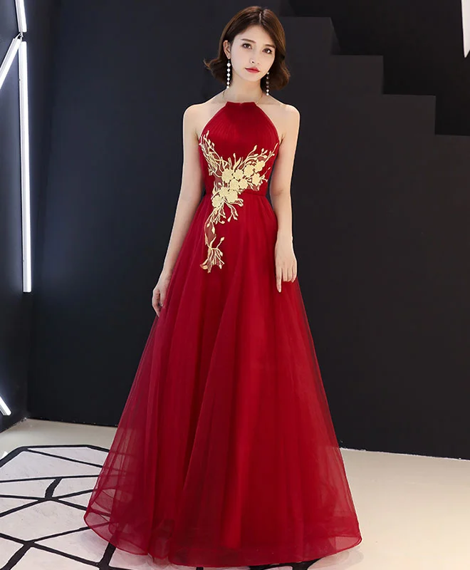 Burgundy Tulle Lace Long Prom Dress, Burgundy Tulle Evening Dress