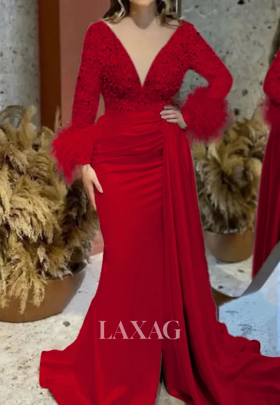 Deep V-Neck Long Sleeves Sequined Beaded Fringed Pleated Mermaid Prom Dress with Sweep Train Deep V-Neck Long Sleeves Sequined Beaded Fringed Pleated Mermaid Prom Dress with Sweep Train