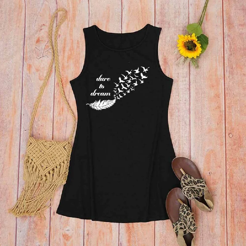 Dare To Dream Birds Feathers Print Crew Neck Vest Dress