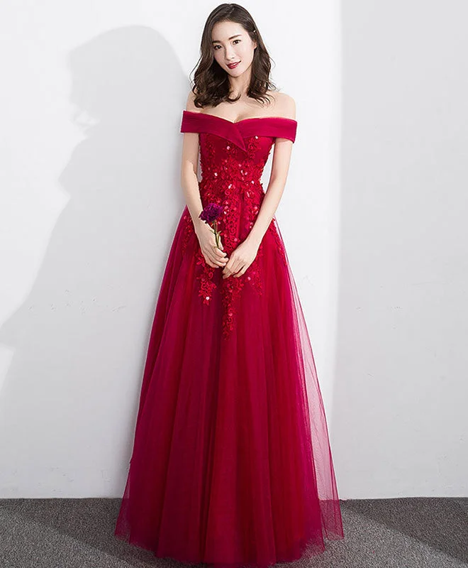Burgundy Off Shoulder Tulle Lace Long Prom Dress, Evening Dress