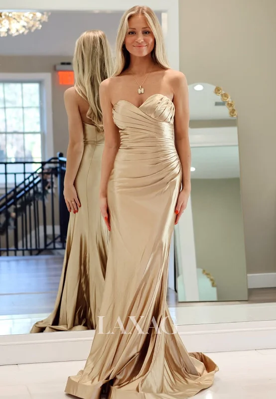Sweetheart Off-Shoulder Sleeveless Mermaid Prom Dress Pleated Satin Party Gowns with Sweep Train Sweetheart Off-Shoulder Sleeveless Mermaid Prom Dress Pleated Satin Party Gowns with Sweep Train