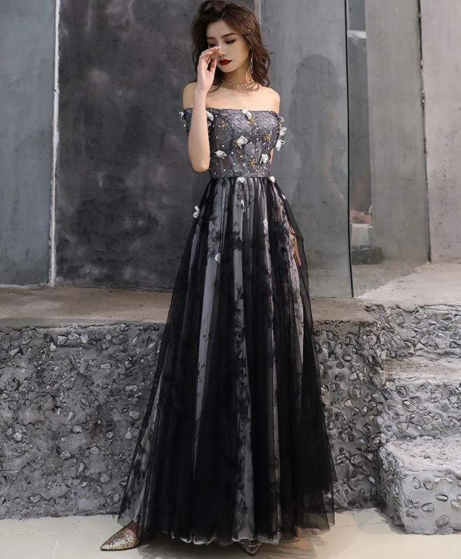 Black Tulle Lace Long Prom Dress, Black Tulle Evening Dress