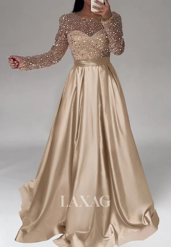 Scoop-Neck Long Sleeves Sequined Beaded Pleated Satin A-Line Prom Dress with Sweep Train Scoop-Neck Long Sleeves Sequined Beaded Pleated Satin A-Line Prom Dress with Sweep Train