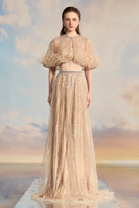Tiffany Gathered Sequin Lace Floor Length Dress