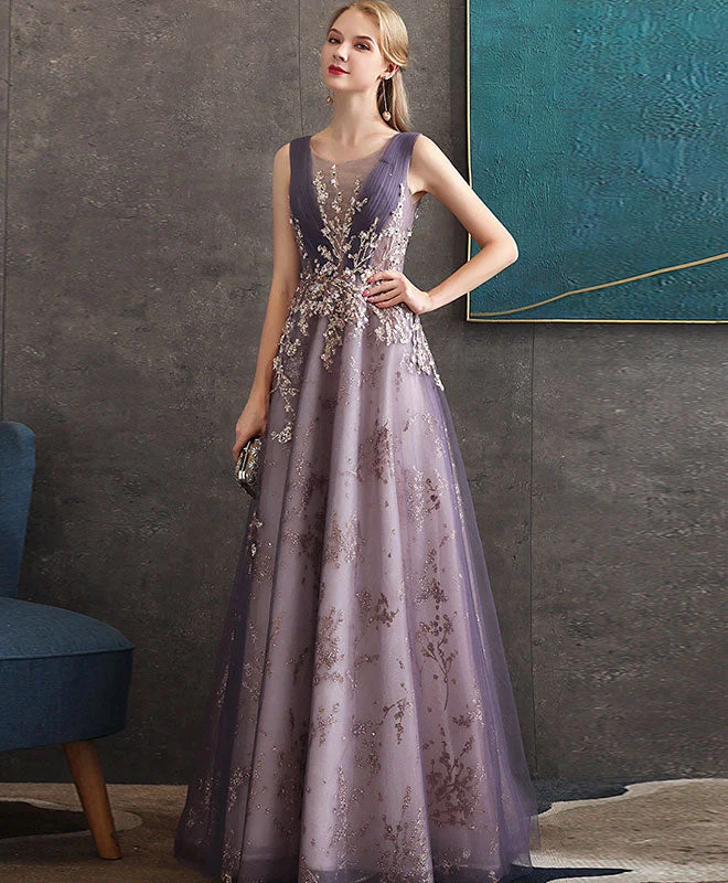 Purple Round Neck Tulle Lace Long Prom Dress Purple Evening Dress