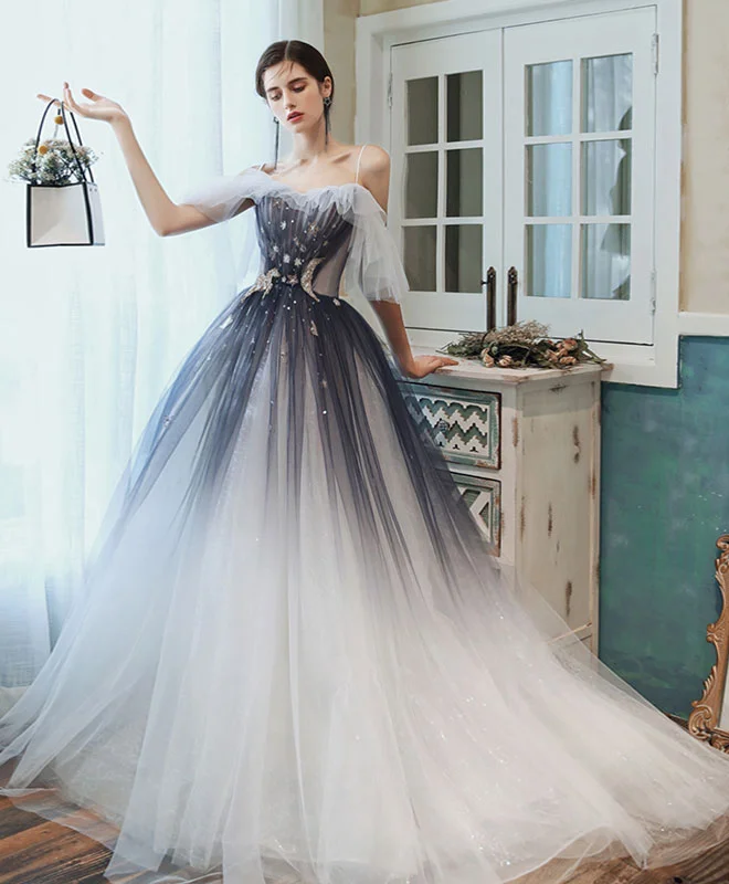 Unique Sweetheart Tulle Blue Long Prom Dress Blue Tulle Evening Dress