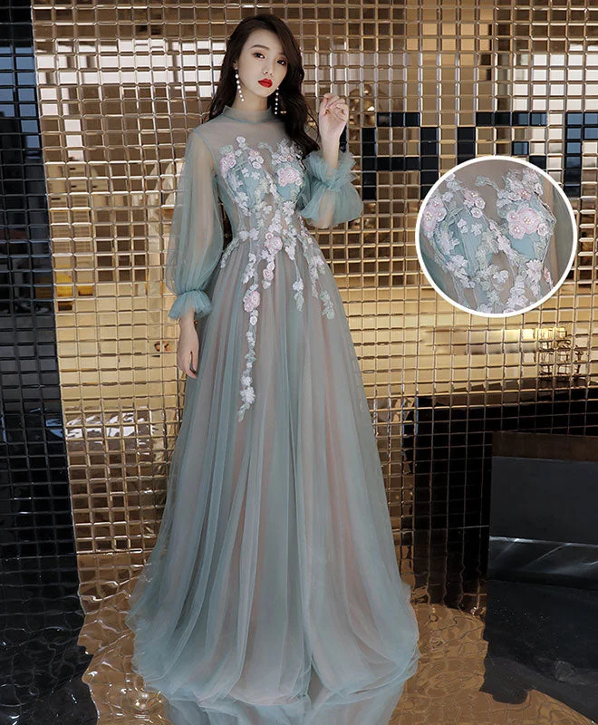 Green Tulle Lace Long Prom Dress, Green Tulle Evening Dress