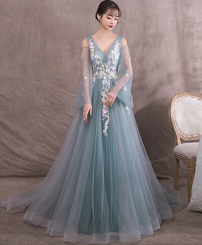 Green V Neck Tulle Lace Long Prom Dress, Gray Green Evening Dress