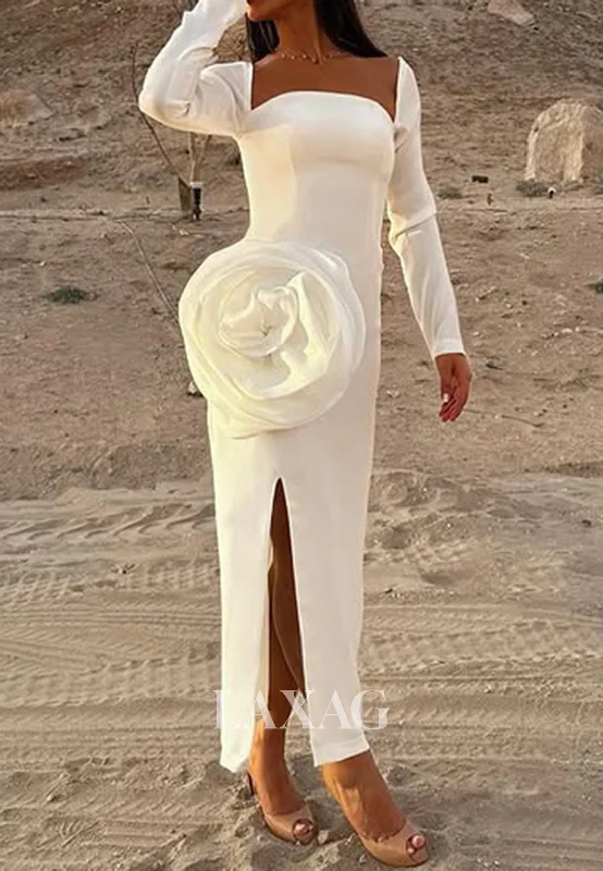 Square-Neck Long Sleeves Pleated Floral Embossed Floor-Length Satin Fitted Prom Dress with Slit Square-Neck Long Sleeves Pleated Floral Embossed Floor-Length Satin Fitted Prom Dress with Slit