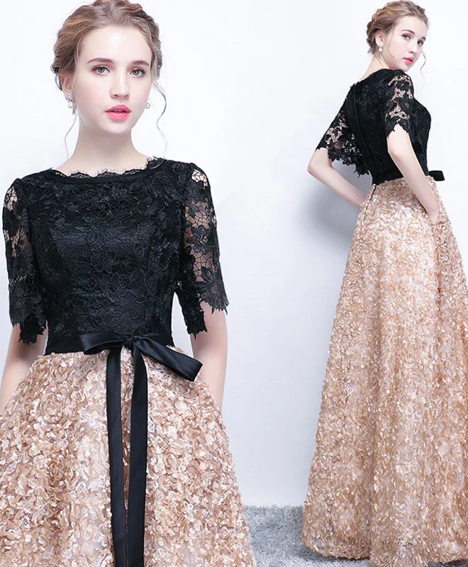 Unique Black Lace Long Prom Dress, Lace Evening Dress