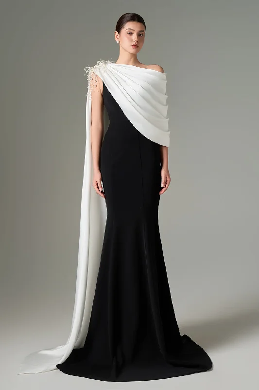 Negin Mermaid Asymmetric Sleeved Silk Crepe Floor Length Dress