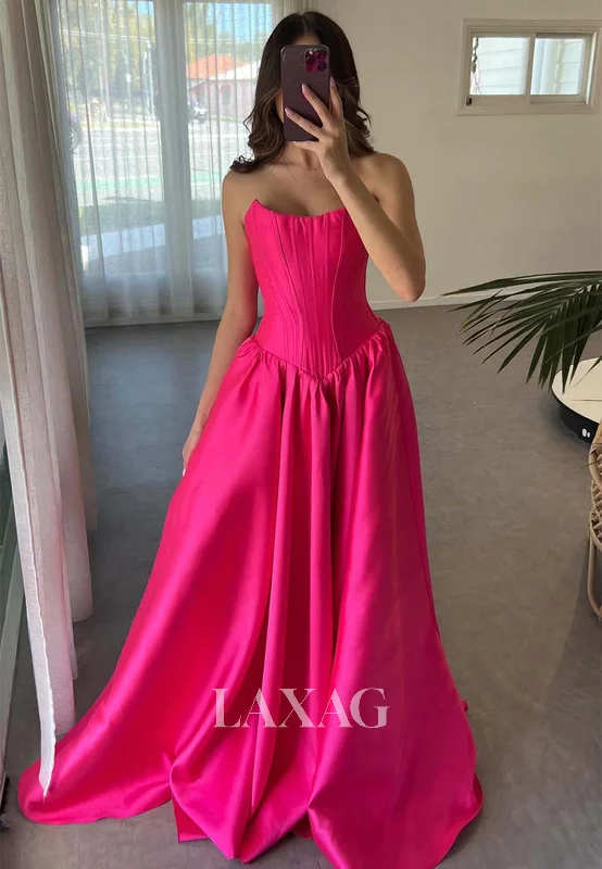 Simple Scoop-Neck Off-Shoulder Sleeveless Formal Gowns Pleated Satin A-Line Prom Dress with Sweep Train Simple Scoop-Neck Off-Shoulder Sleeveless Formal Gowns Pleated Satin A-Line Prom Dress with Sweep Train