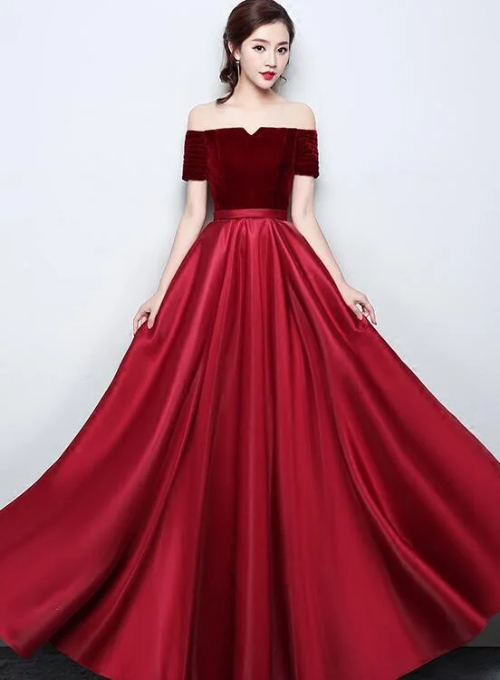 Wine Red Satin with Velvet Prom Dress, Off Shoulder A-line Formal Dress Evening Dress Wine Red Satin with Velvet Prom Dress, Off Shoulder A-line Formal Dress Evening Dress
