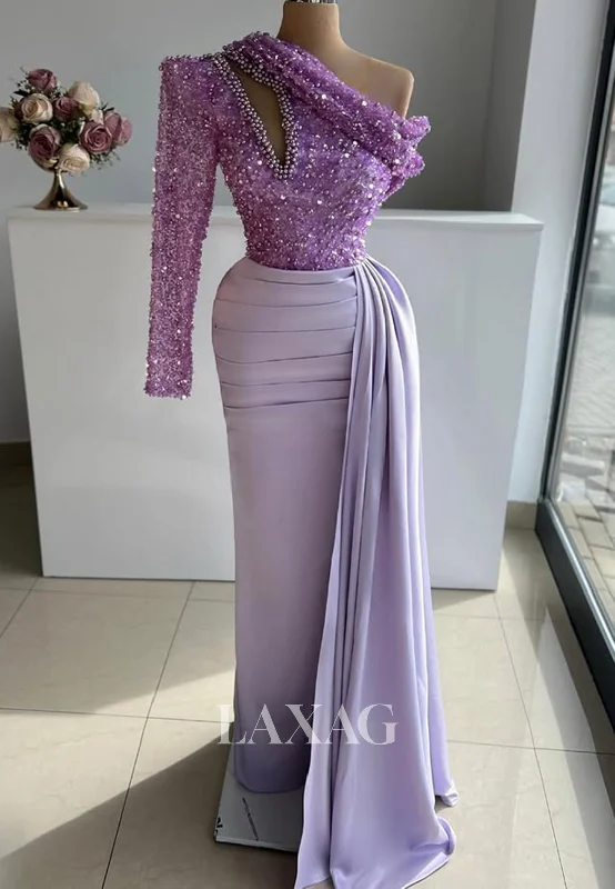 Asymmetrical-Neck One-Long-Sleeves Beaded Sequined Pleated Cutout Mermaid Prom Dress with Sweep Train Asymmetrical-Neck One-Long-Sleeves Beaded Sequined Pleated Cutout Mermaid Prom Dress with Sweep Train
