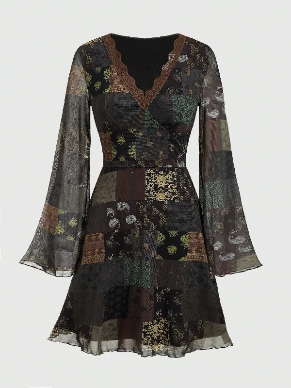 Forest Truth Patchwork Lace V-neck Dress