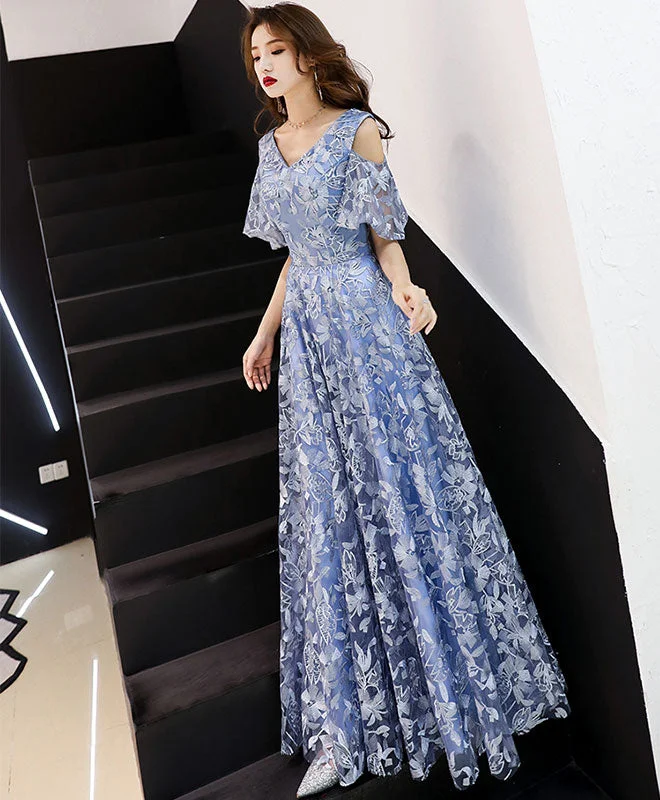 Blue V Neck Lace Long Prom Dress, Blue Evening Dress