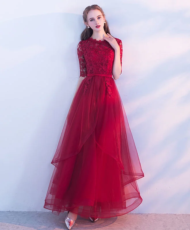 Burgundy Tulle Lace Long Prom Dress, Burgundy Tulle Evening Dress