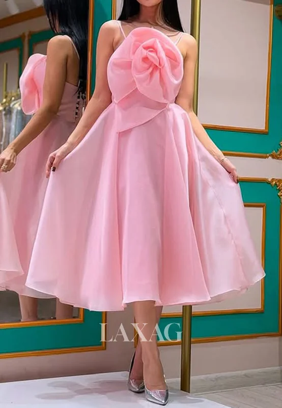 Spaghetti Straps Off-Shoulder Sleeveless A-Line Prom Dress Floral Embellished Pleated Midi Formal Gowns Spaghetti Straps Off-Shoulder Sleeveless A-Line Prom Dress Floral Embellished Pleated Midi Formal Gowns