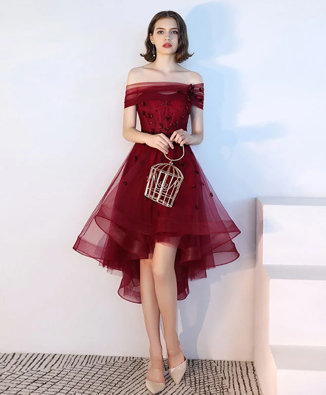 Burgundy Tulle Lace Short Prom Dress, Burgundy Tulle Evening Dress