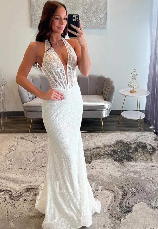 Halter Deep V-Neck Off-Shoulder Sleeveless Evening Gowns Allover Lace Applique Pleated Mermaid Prom Dress Halter Deep V-Neck Off-Shoulder Sleeveless Evening Gowns Allover Lace Applique Pleated Mermaid Prom Dress