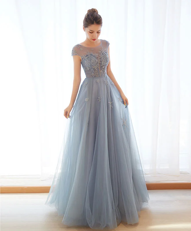 Gray Blue Tulle Long Prom Dress, Gray Blue Evening Dress