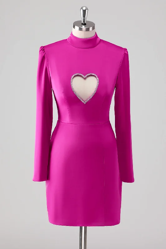Fuchsia Satin Sheath High Neck Cut Out Short Formal Dress With Long Sleeves