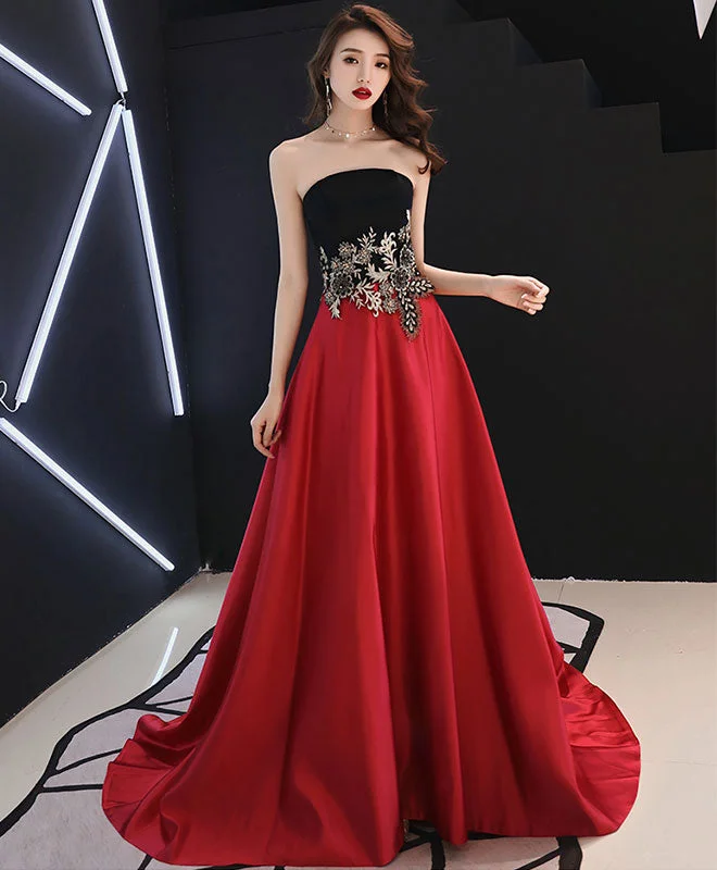 Burgundy Satin Lace Long Prom Dress, Burgundy Evening Dress