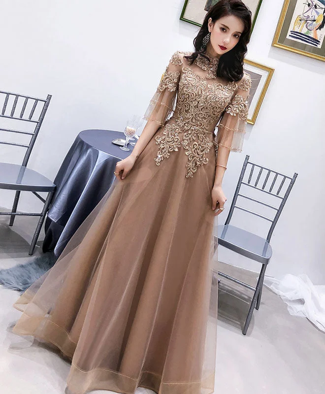 Champagne High Neck Tulle Lace Long Prom Dress, Champagne Evening Dress