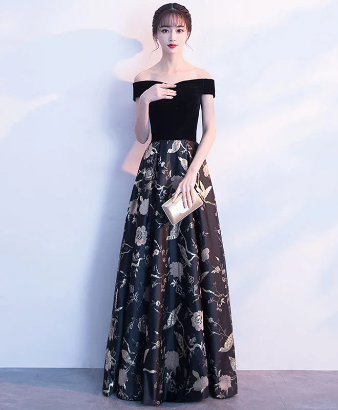 Black Off Shoulder Floral Pattern Long Prom Dress, Evening Dress