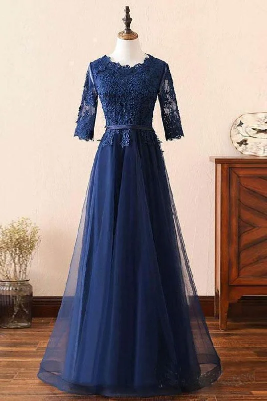 Navy Prom Dress Short Sleeves, Formal Dress, Evening Dress, Dance Dresses