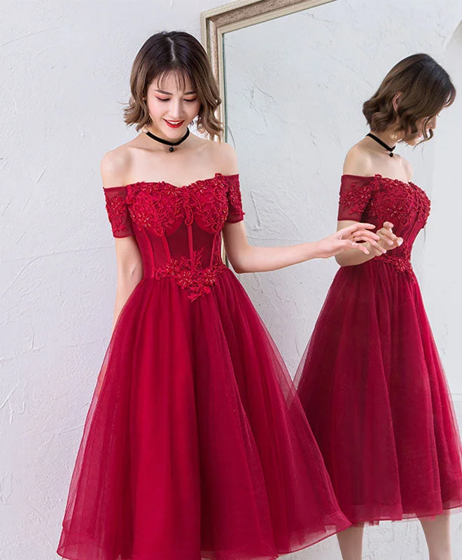 Cute Burgundy Off Shoulder Short Prom Dress, Evening Dress