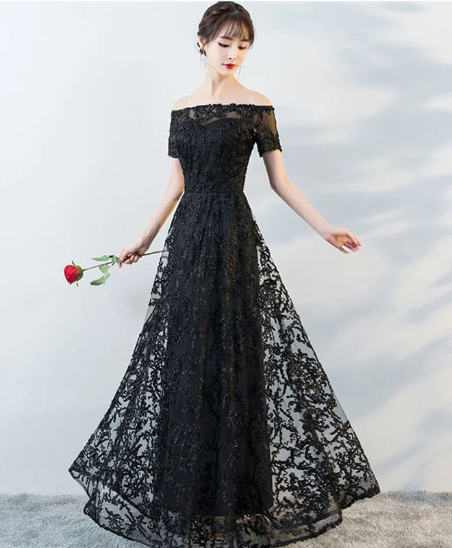 Black Tulle Lace Long Prom Dress, Black Lace Evening Dress