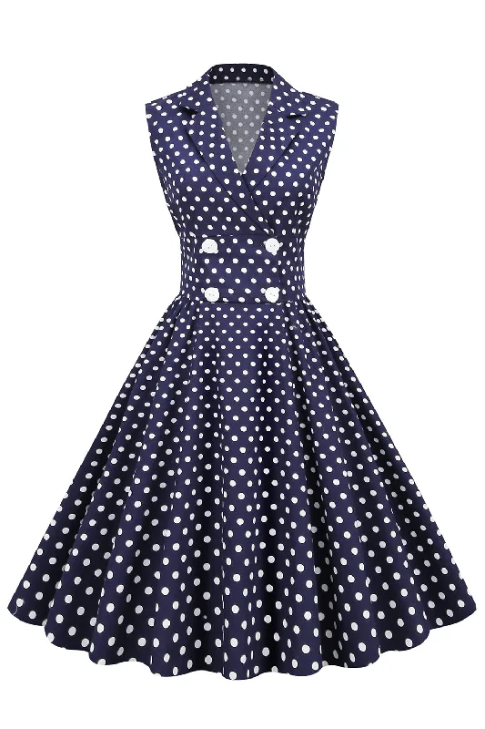 Navy V-Neck Polka Dots 1950s Swing Dress