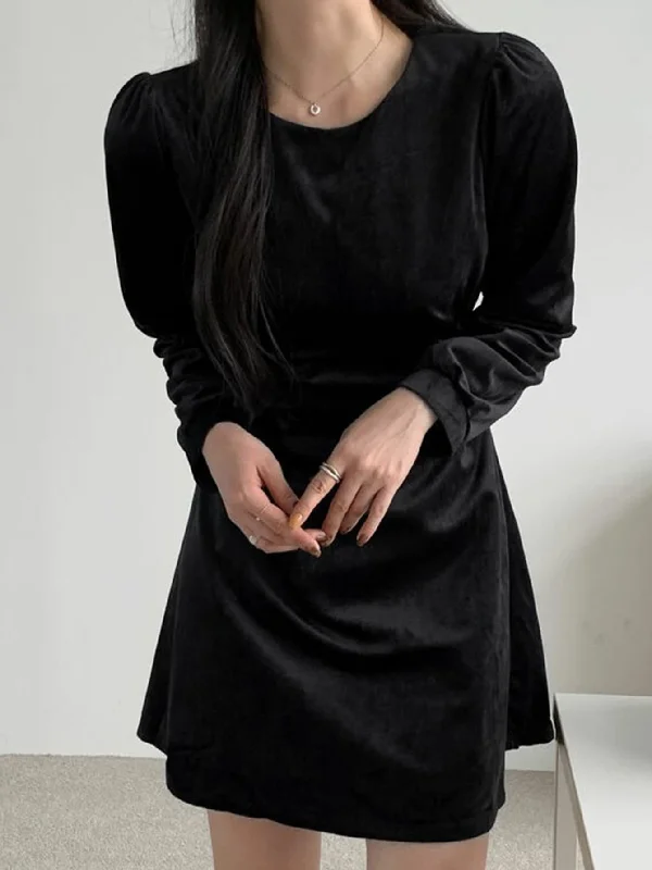 Witchy Velvet Solid Puff Sleeve A-line Dress, Witchy Dress, Witchy Clothing