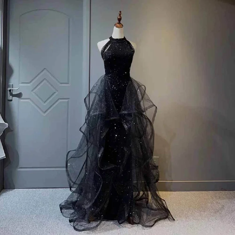 Shiny Elegant Halterneck Off-Shoulder Mesh Evening Dress