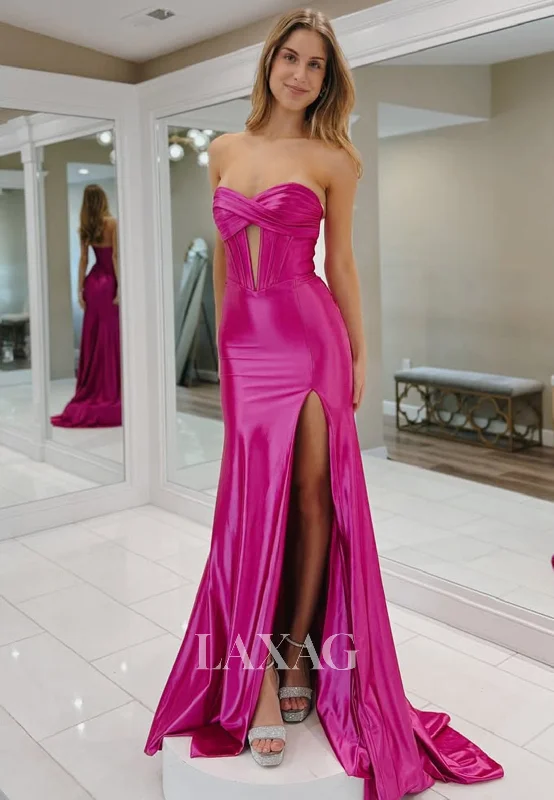 Off-Shoulder Sweetheart Sleeveless Pleated Cutout Satin Sweep Train Mermaid Prom Dress with High Slit Off-Shoulder Sweetheart Sleeveless Pleated Cutout Satin Sweep Train Mermaid Prom Dress with High Slit