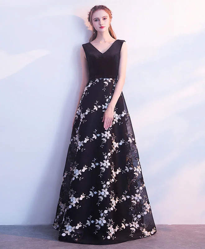 Black V Neck Long Prom Dress, Black Evening Dress