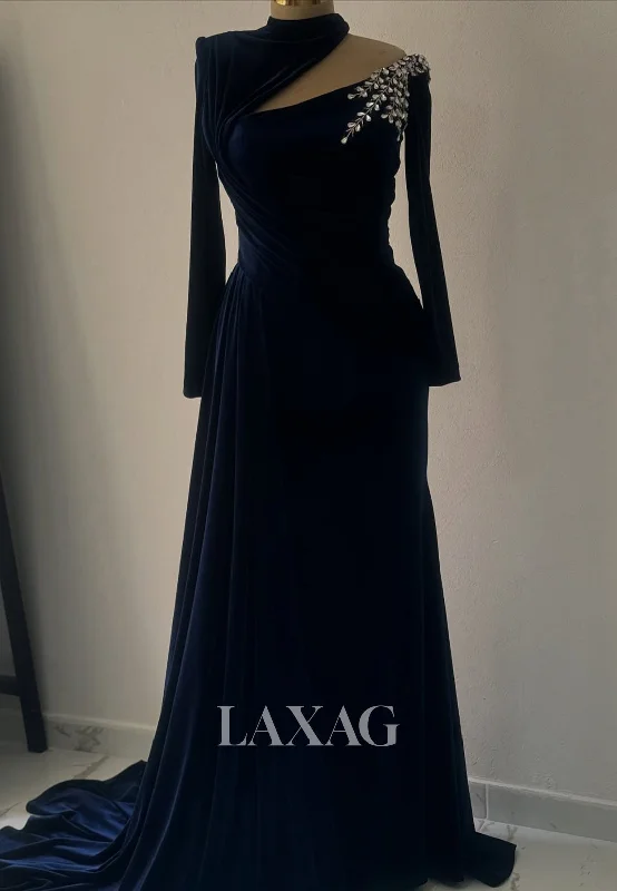 Asymmetrical High-Neck Long Sleeves Party Gowns Beaded Pleated Satin Fitted Prom Dress with Sweep Train Asymmetrical High-Neck Long Sleeves Party Gowns Beaded Pleated Satin Fitted Prom Dress with Sweep Train