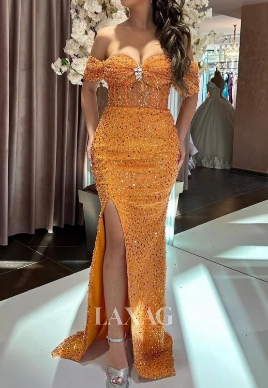 Off-Shoulder Sleeveless Beaded Fully Sequined Evening Gowns Sweetheart Pleated Slit Mermaid Prom Dress Off-Shoulder Sleeveless Beaded Fully Sequined Evening Gowns Sweetheart Pleated Slit Mermaid Prom Dress