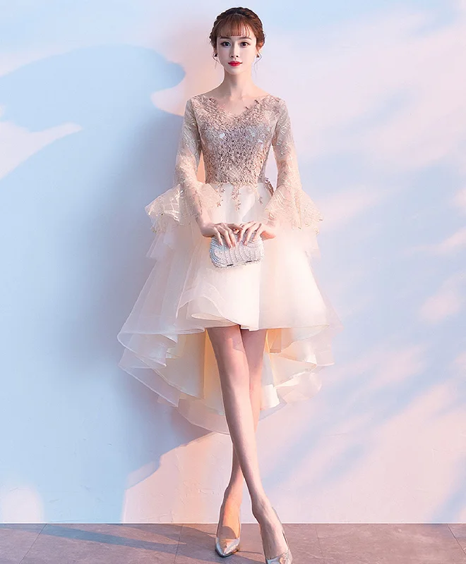 Champagne Round Neck Tulle Lace Short Prom Dress, Evening Dress
