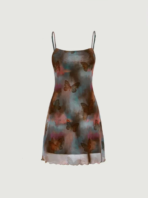 Witchy Tie Dye Butterfly Print Lettuce Trim Cami Dress