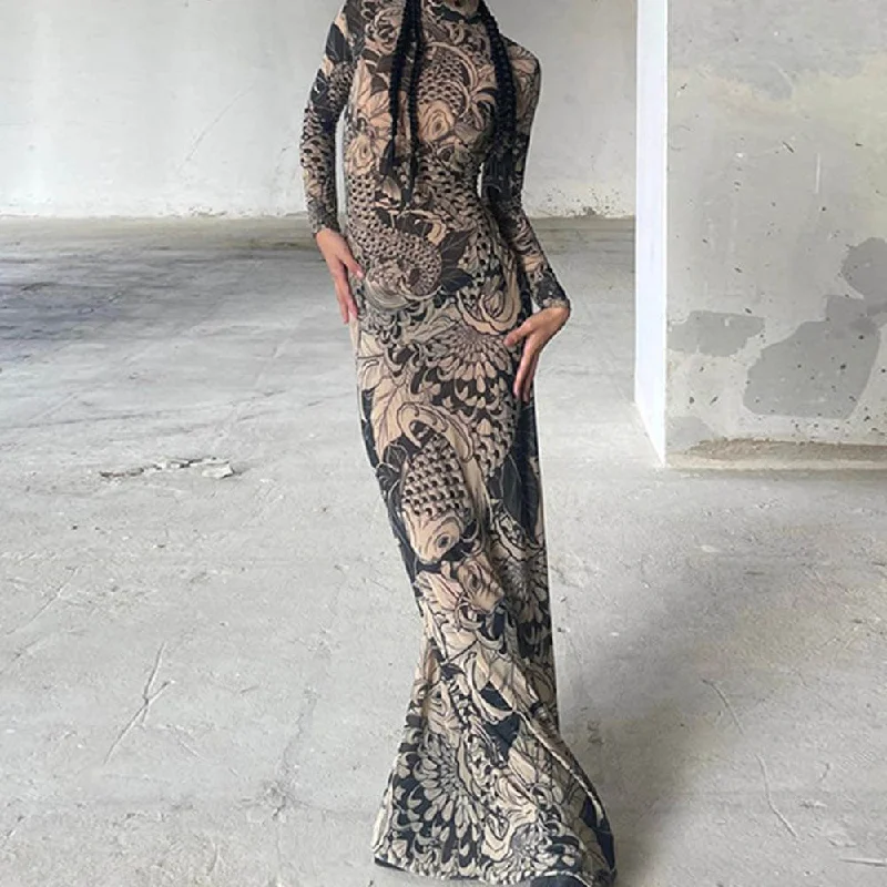 Fashion Street Digital Print Mesh See-Through Dress