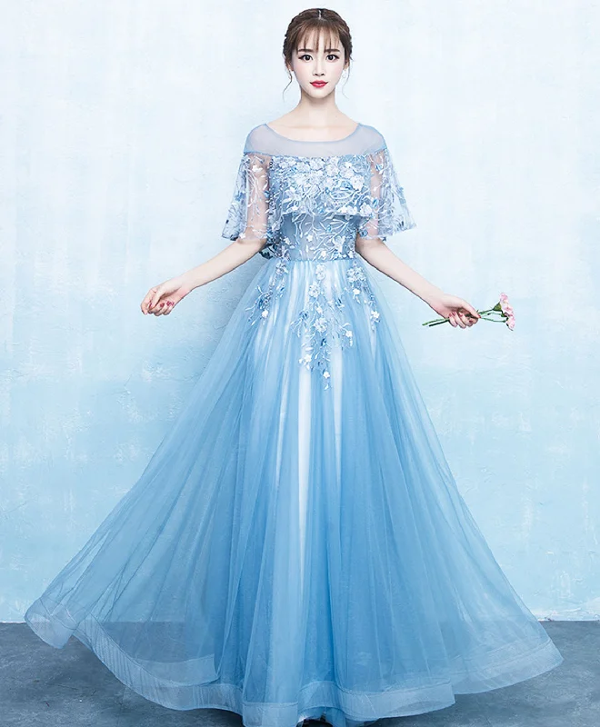 Blue Tulle Lace Long Prom Dress, Blue Tulle Evening Dress
