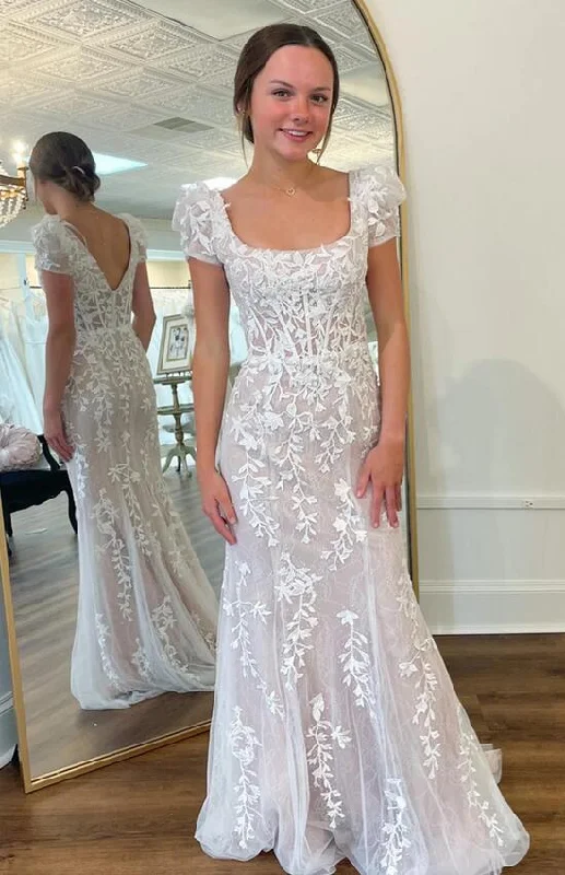 Mermaid Leaf Lace Long Prom Dresses with Short Sleeves